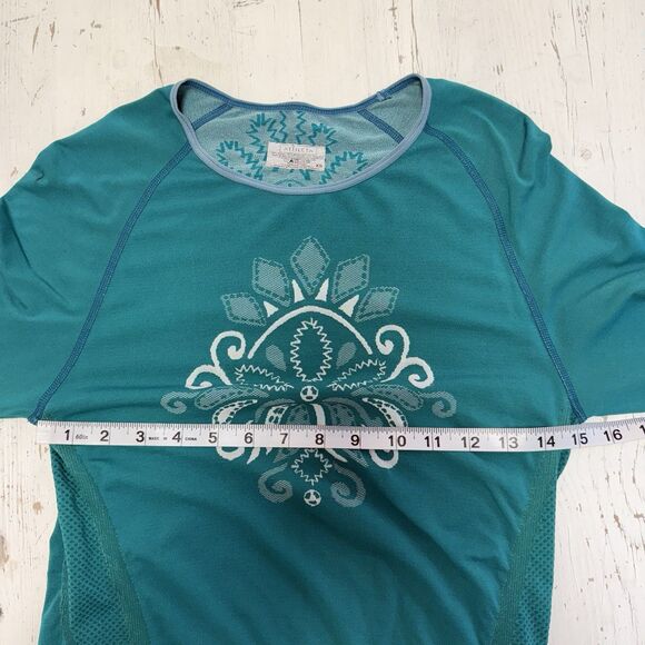 Athleta Tunic Top XS Long Sleeve Twist Ruched Teal Blue Tribal Snow Thumbholes - Picture 5 of 11